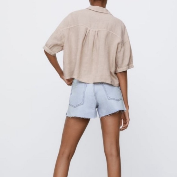 Zara Sz S Tan 100% Linen Button Up Shirt Cropped Short Sleeve Boxy Collared Top - Picture 16 of 17